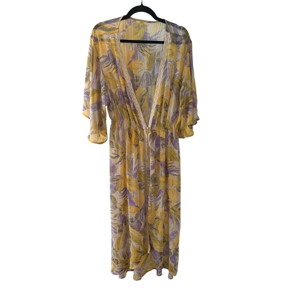 Yellow & Purple Floral Sheer Kimono Cover-Up With Lace Trim Loungewear